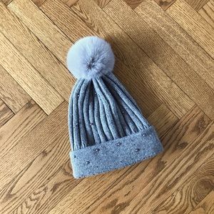 White House Black Market grey knit hat with rhinestone embellishments